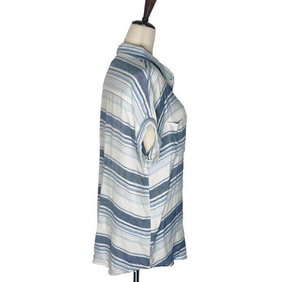 Beach Lunch Lounge Womens Blue White Stripe Short Sleeve Button Up Shirt Soft M - Picture 5 of 9
